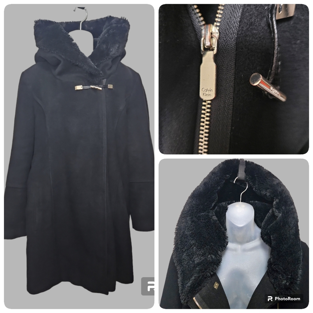 Calvin Klein Black Faux Fur Lined Hood Wool Blend Coat W/Gold Finishings Sz XL